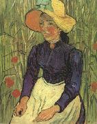 Young Peasant Woman with Straw Hat Sitting in the Wheat (nn04), Vincent Van Gogh